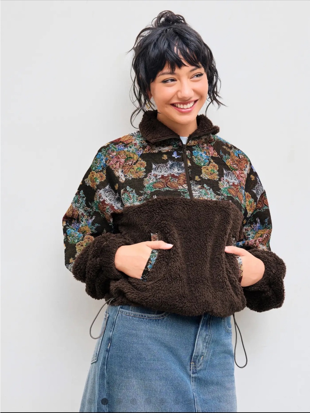 Cider Brown Floral Cat Sherpa Pull-On Jacket - Picture 2 of 8
